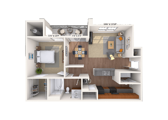 Floor plan for 1 bed, 1 bath, 820 sqft