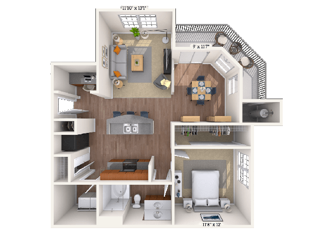 Floor plan for 1 bed, 1 bath, 955 sqft