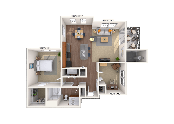 Floor plan for 1 bed, 1 bath, 970 sqft