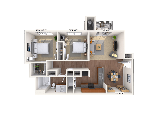 Floor plan for 2 beds, 1 bath, 1025 sqft