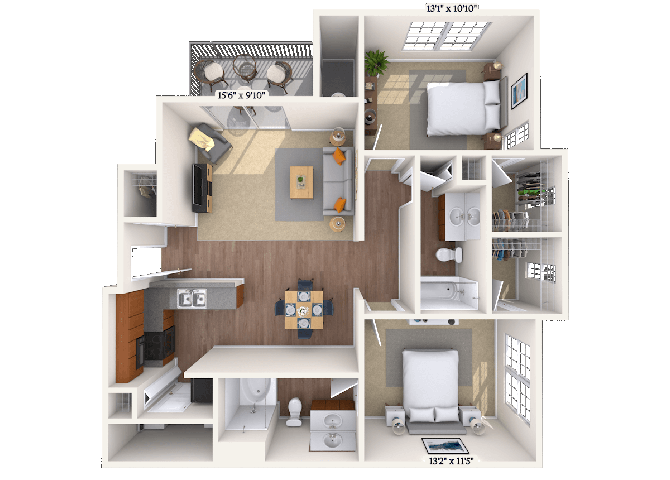 Floor plan for 2 beds, 2 baths, 1085 sqft