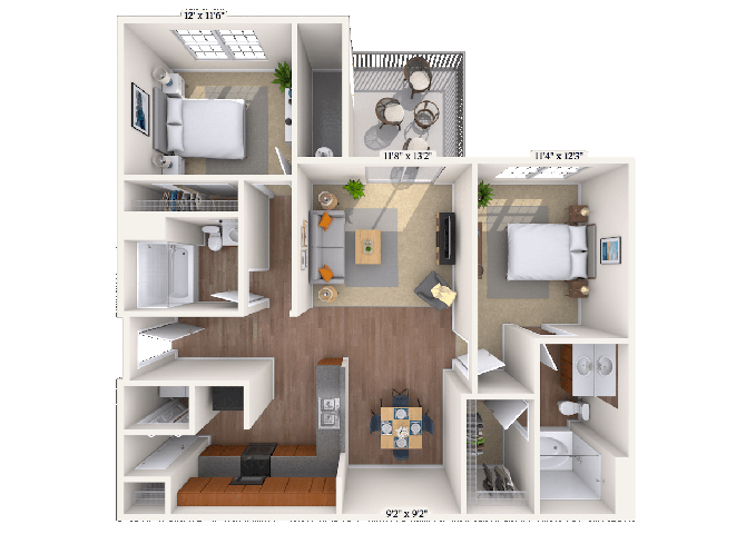 Floor plan for 2 beds, 2 baths, 1135 sqft