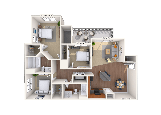Floor plan for 3 beds, 2 baths, 1355 sqft