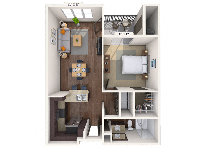 Floor plan for 1 bed, 1 bath, 697 sqft