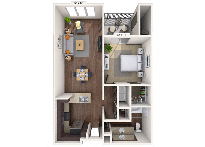 Floor plan for 1 bed, 1 bath, 798 sqft