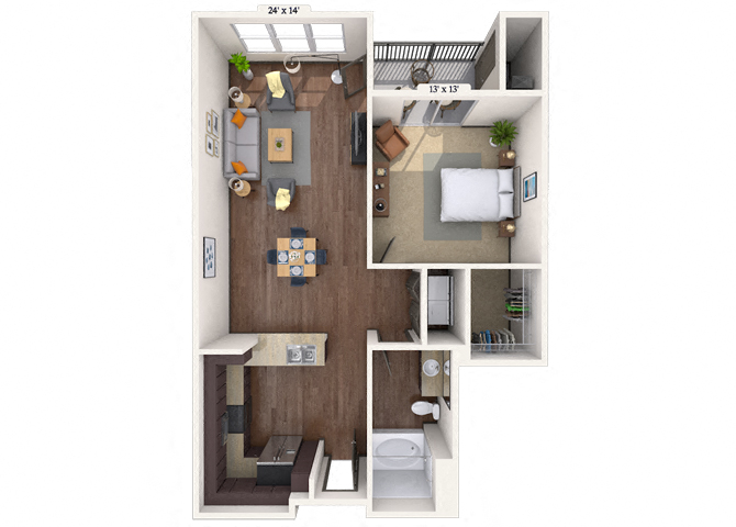 Floor plan for 1 bed, 1 bath, 761 sqft