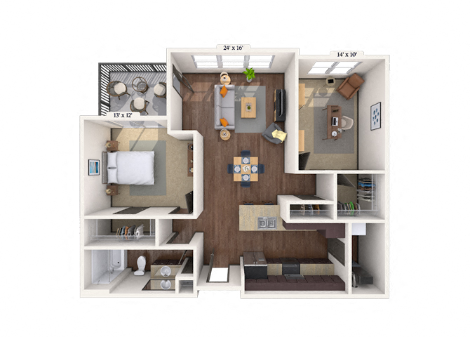Floor plan for 1 bed, 1 bath, 905 sqft