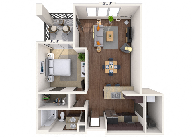Floor plan for 1 bed, 1 bath, 756 sqft