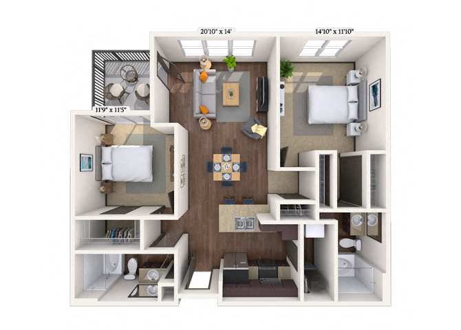 Floor plan for 2 beds, 2 baths, 1048 sqft