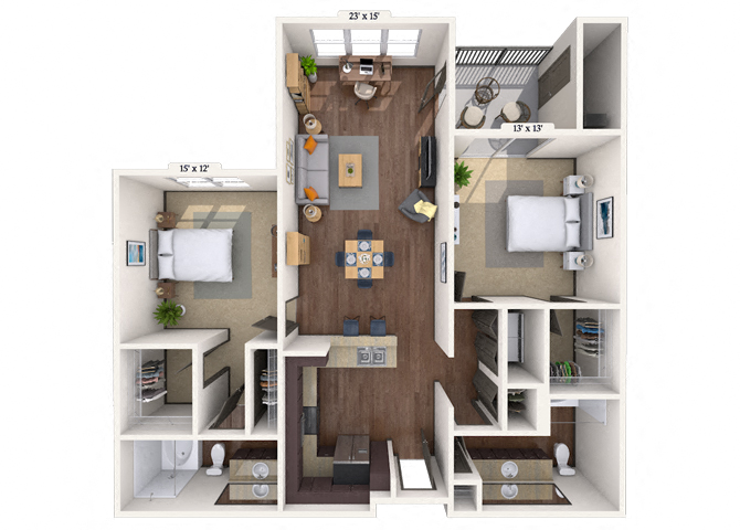 Floor plan for 2 beds, 2 baths, 1091 sqft