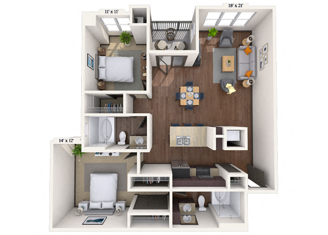 Floor plan for 2 beds, 2 baths, 1110 sqft