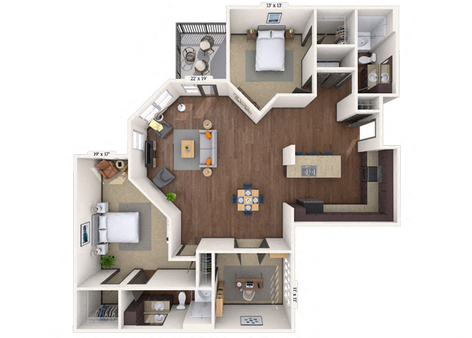 Floor plan for 2 beds, 2 baths, 1447 sqft