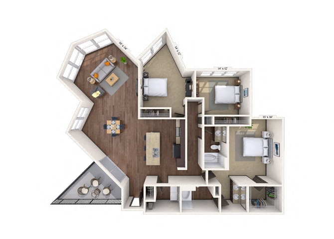 Floor plan for 3 beds, 2 baths, 1615 sqft