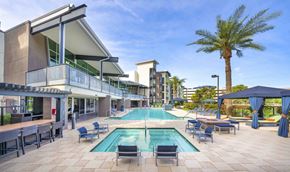 Tempe apartment for rent - A pool area with a palm tree in the background.