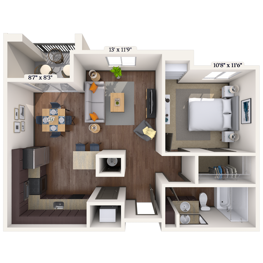 Floor plan for 1 bed, 1 bath, 723 sqft