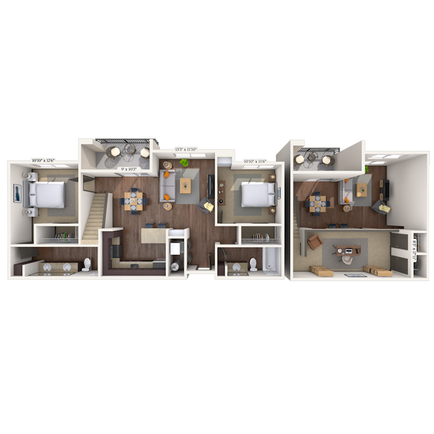 Floor plan for 2 beds, 2 baths, 1241 sqft