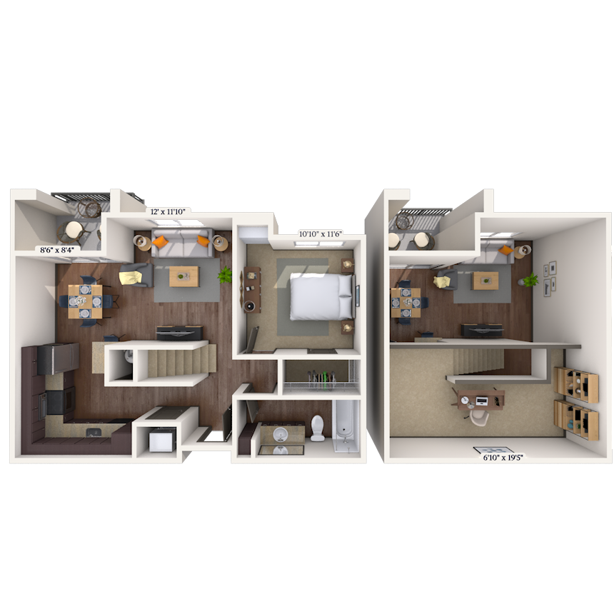 Floor plan for 1 bed, 1 bath, 896 sqft