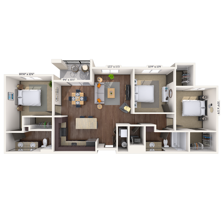 Floor plan for 3 beds, 2 baths, 1260 sqft