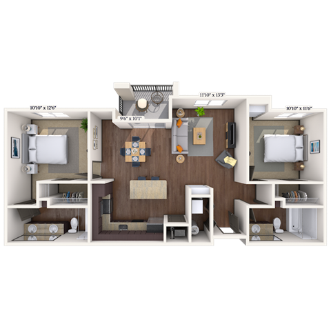 Floor plan for 2 beds, 2 baths, 1083 sqft
