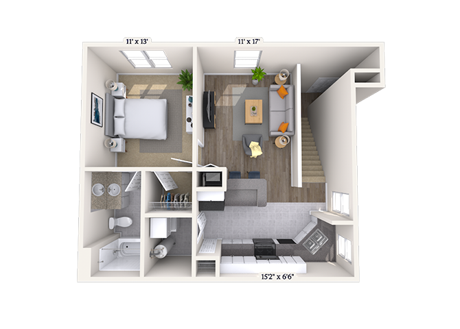 Floor plan for 1 bed, 1 bath, 688 sqft