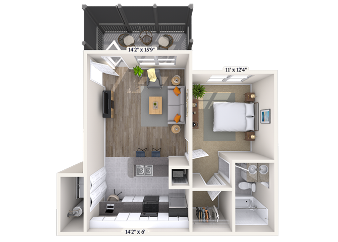 Floor plan for 1 bed, 1 bath, 680 sqft