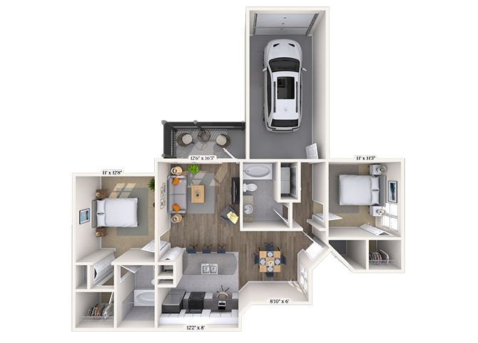 Floor plan for 2 beds, 2 baths, 1017 sqft