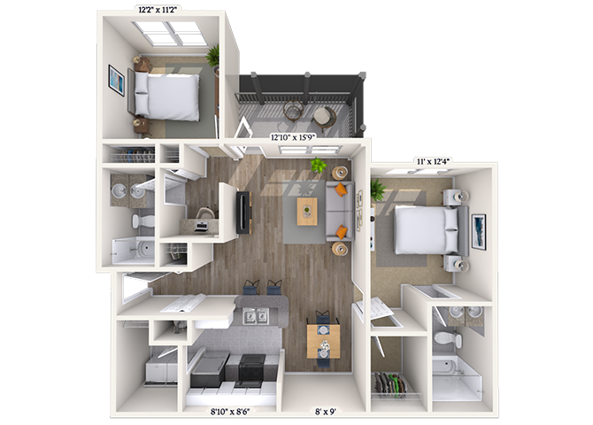 Floor plan for 2 beds, 2 baths, 1014 sqft