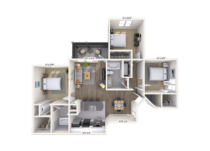 Floor plan for 3 beds, 2 baths, 1180 sqft