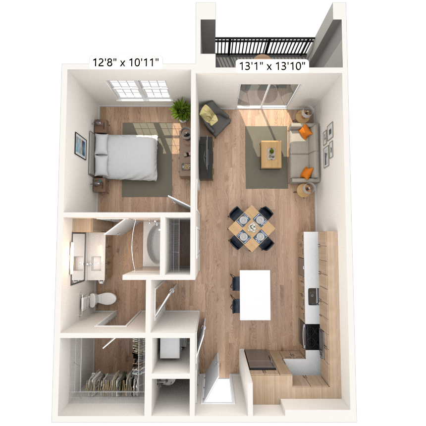 Floor plan for 1 bed, 1 bath, 750 sqft