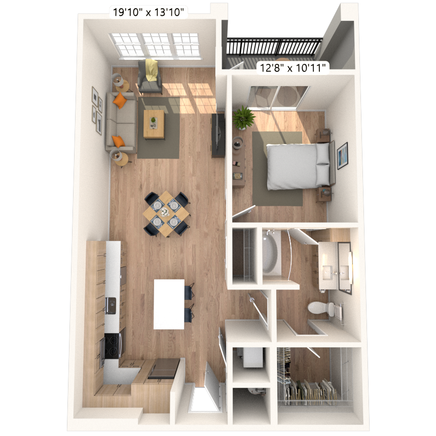 Floor plan for 1 bed, 1 bath, 834 sqft