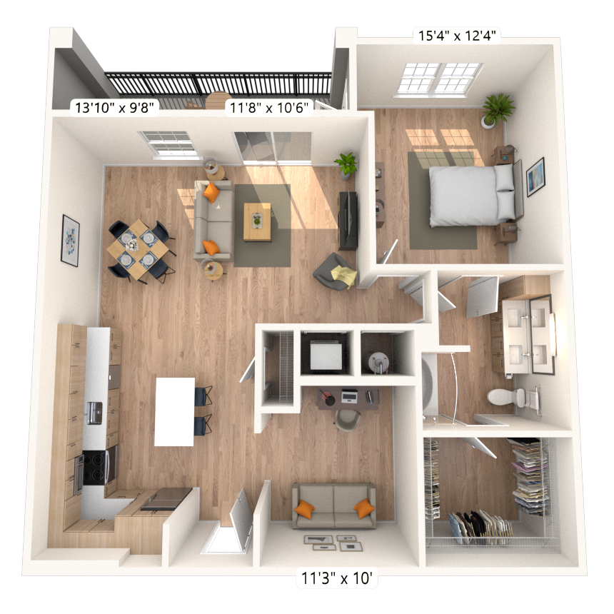 Floor plan for 1 bed, 1 bath, 1110 sqft