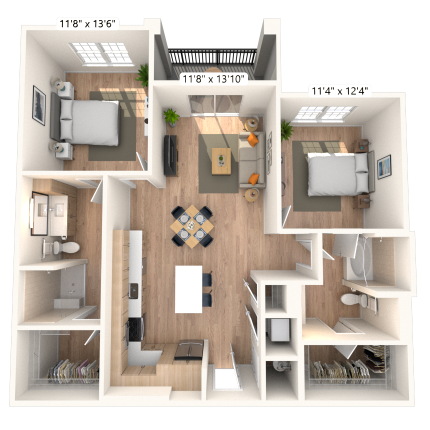 Floor plan for 2 beds, 2 baths, 1117 sqft