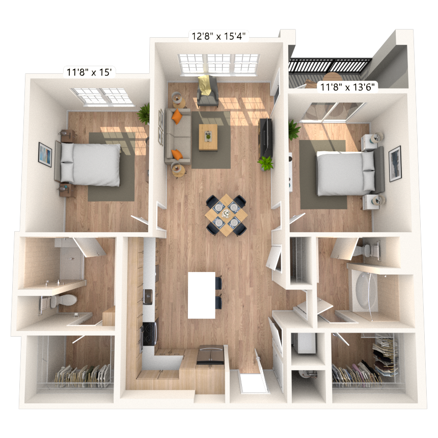 Floor plan for 2 beds, 2 baths, 1202 sqft