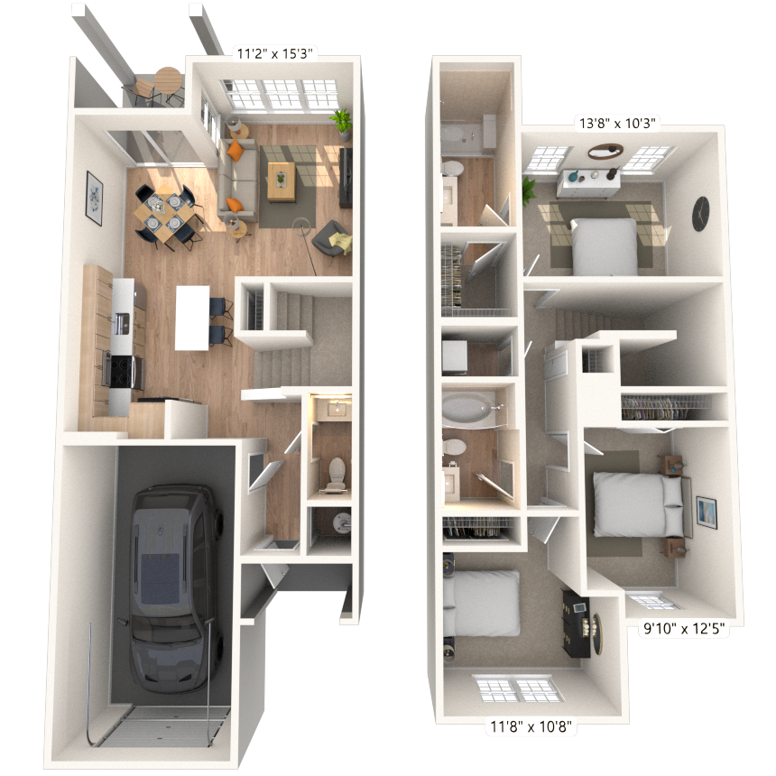 Floor plan for 3 beds, 2.5 baths, 1372 sqft