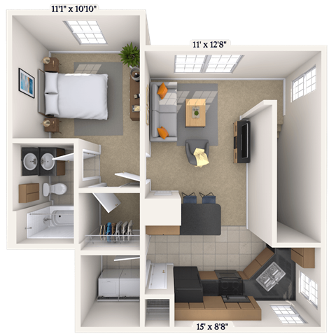 Floor plan for 1 bed, 1 bath, 682 sqft
