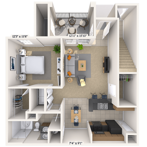 Floor plan for 1 bed, 1 bath, 883 sqft