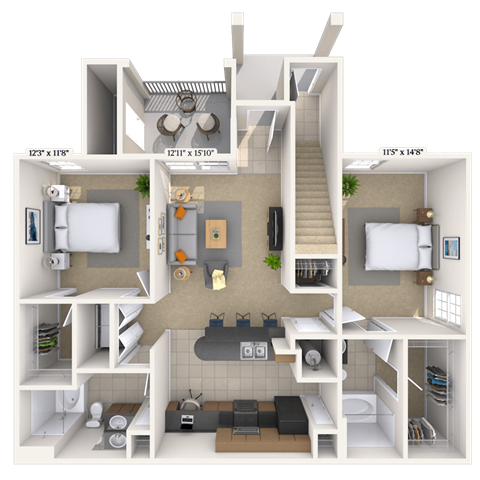 Floor plan for 2 beds, 2 baths, 1184 sqft