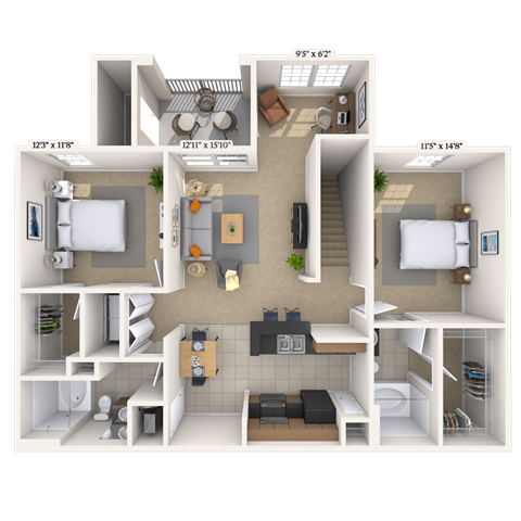 Floor plan for 2 beds, 2 baths, 1245 sqft