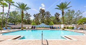 Windermere apartment for rent - A large swimming pool surrounded by palm trees and lounge chairs.