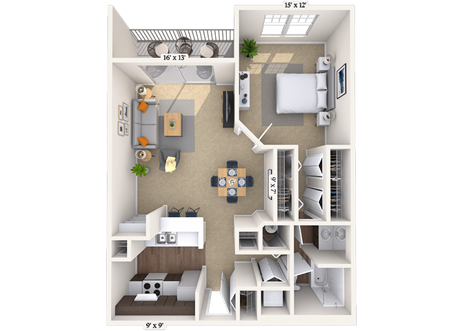 Floor plan for 1 bed, 1 bath, 797 sqft