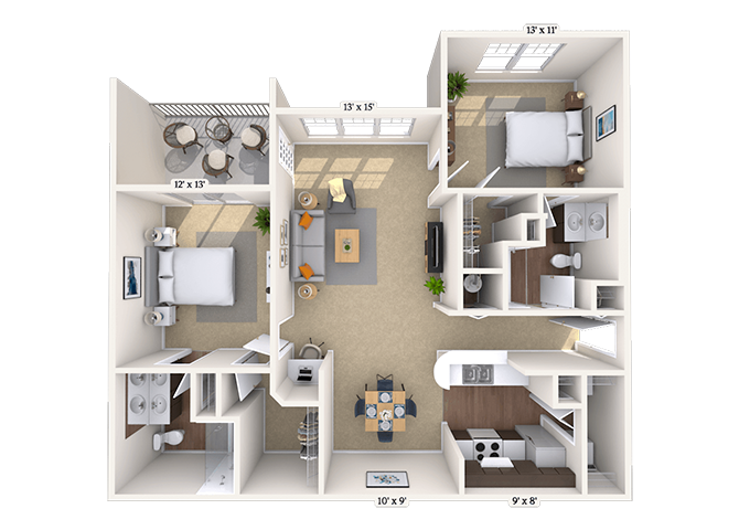 Floor plan for 2 beds, 2 baths, 1040 sqft