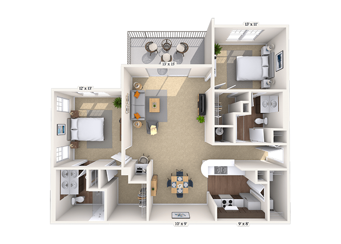 Floor plan for 2 beds, 2 baths, 1062 sqft