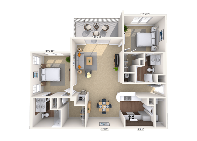 Floor plan for 2 beds, 2 baths, 1074 sqft