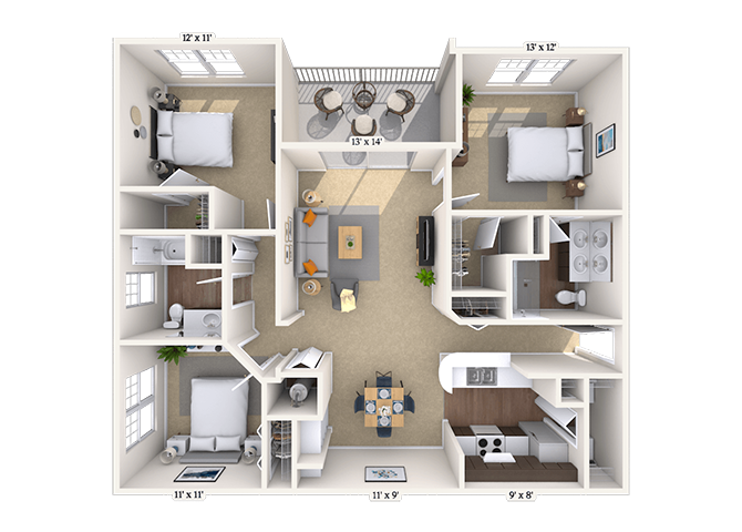 Floor plan for 3 beds, 2 baths, 1294 sqft