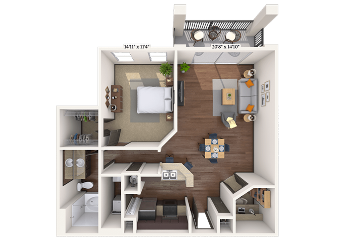 Floor plan for 1 bed, 1 bath, 869 sqft