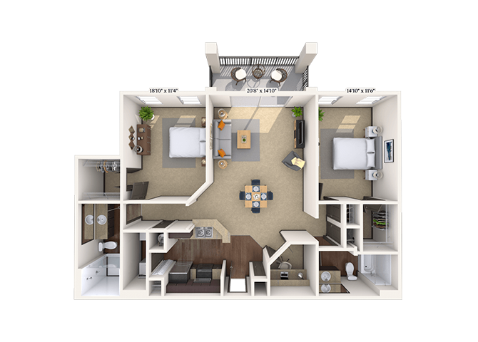 Floor plan for 2 beds, 2 baths, 1268 sqft