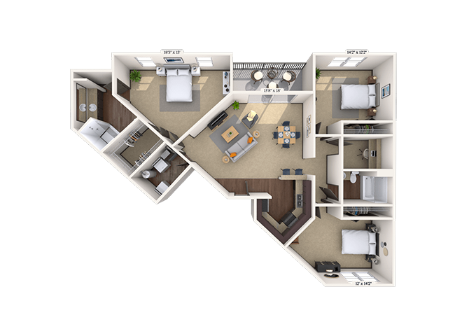 Floor plan for 3 beds, 2 baths, 1400 sqft