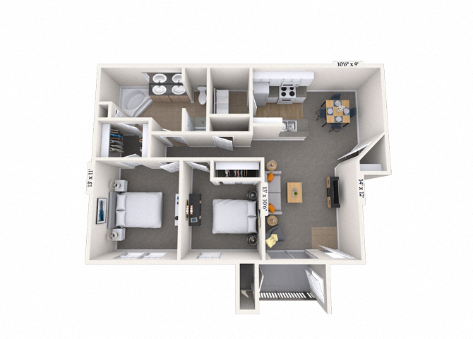 Floor plan for 1 bed, 1 bath, 1047 sqft