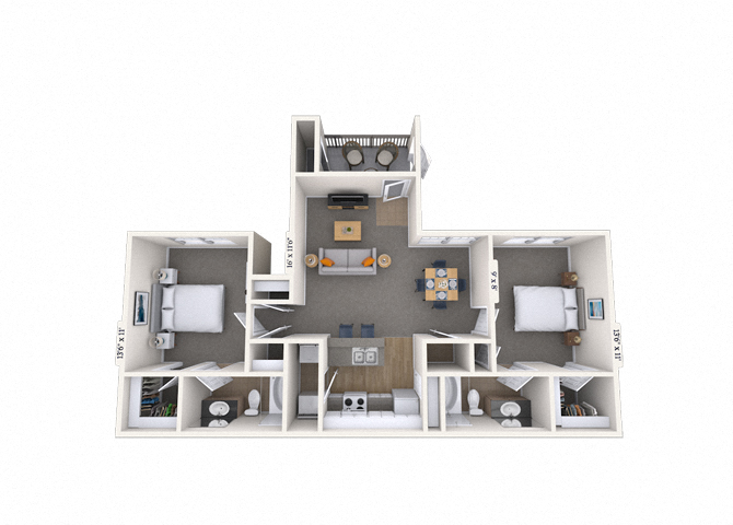 Floor plan for 2 beds, 2 baths, 1029 sqft