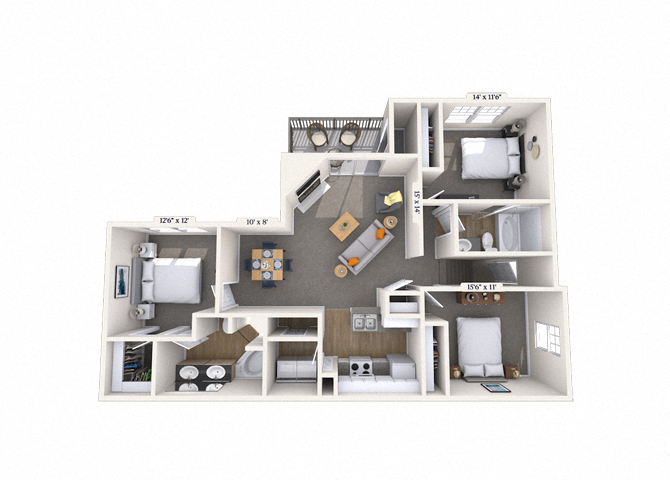 Floor plan for 3 beds, 2 baths, 1364 sqft